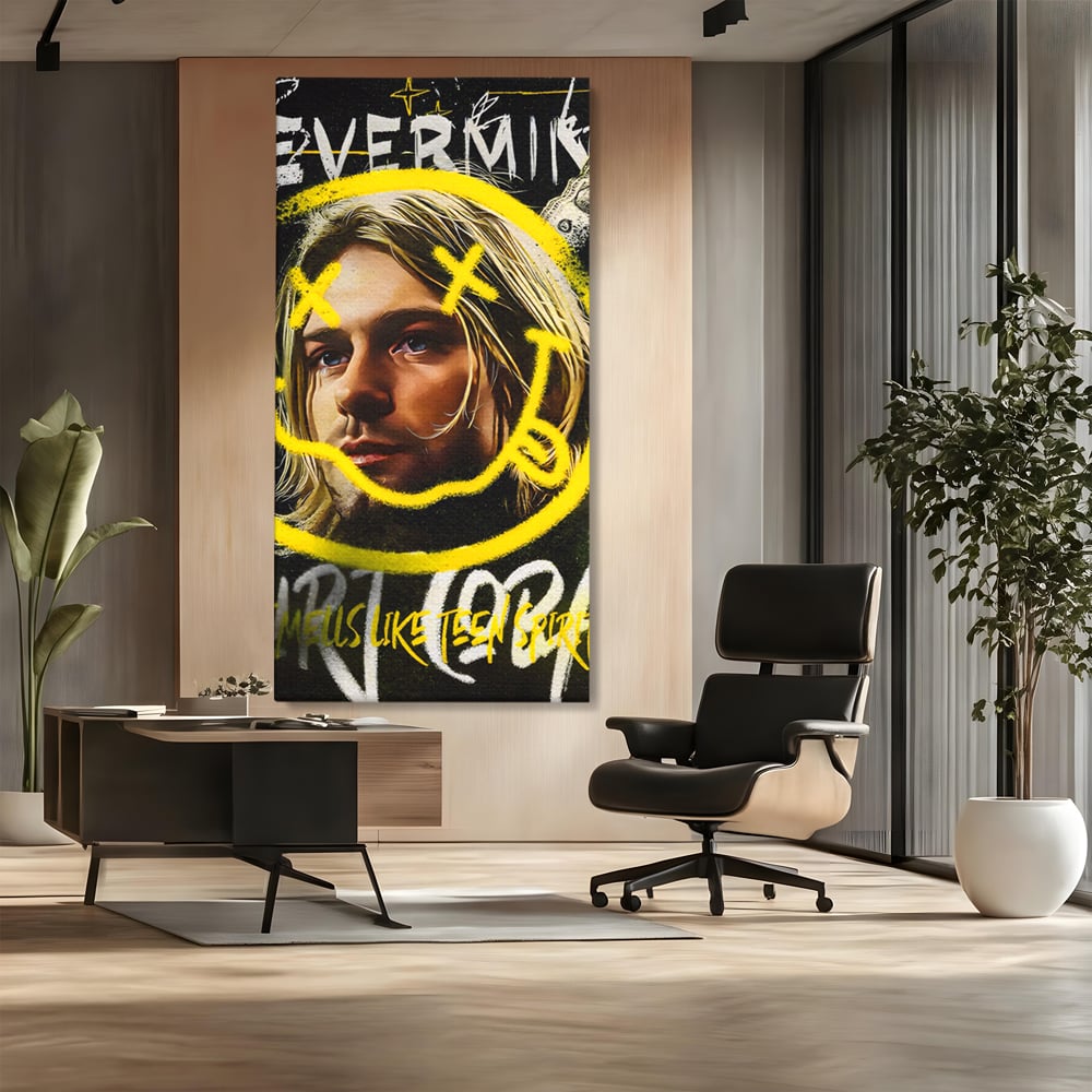 Tablou canvas cu tablou canvas cu portretul lui kurt cobain, fara rama, pe sasiu de lemn, pe perete intr-un birou